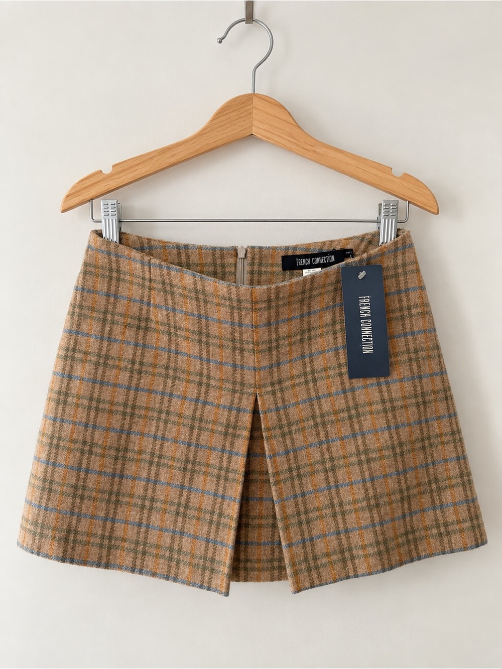 French Connection Tan Plaid Mini Skirt with Blue & Green Wool & Polyester